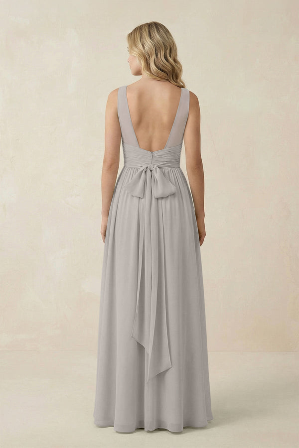 V - Neck A - Line Bridesmaid Dress with Back Bow in Silver - KissProm Bridesmaid Dresses