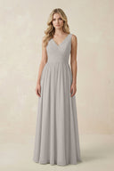 V - Neck A - Line Bridesmaid Dress with Back Bow in Silver - KissProm Bridesmaid Dresses