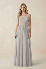 V - Neck A - Line Bridesmaid Dress with Back Bow in Silver - KissProm Bridesmaid Dresses