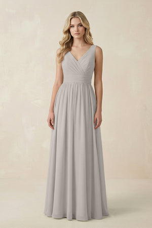 V - Neck A - Line Bridesmaid Dress with Back Bow in Silver - KissProm Bridesmaid Dresses