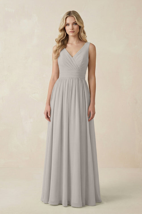 V - Neck A - Line Bridesmaid Dress with Back Bow in Silver - KissProm Bridesmaid Dresses