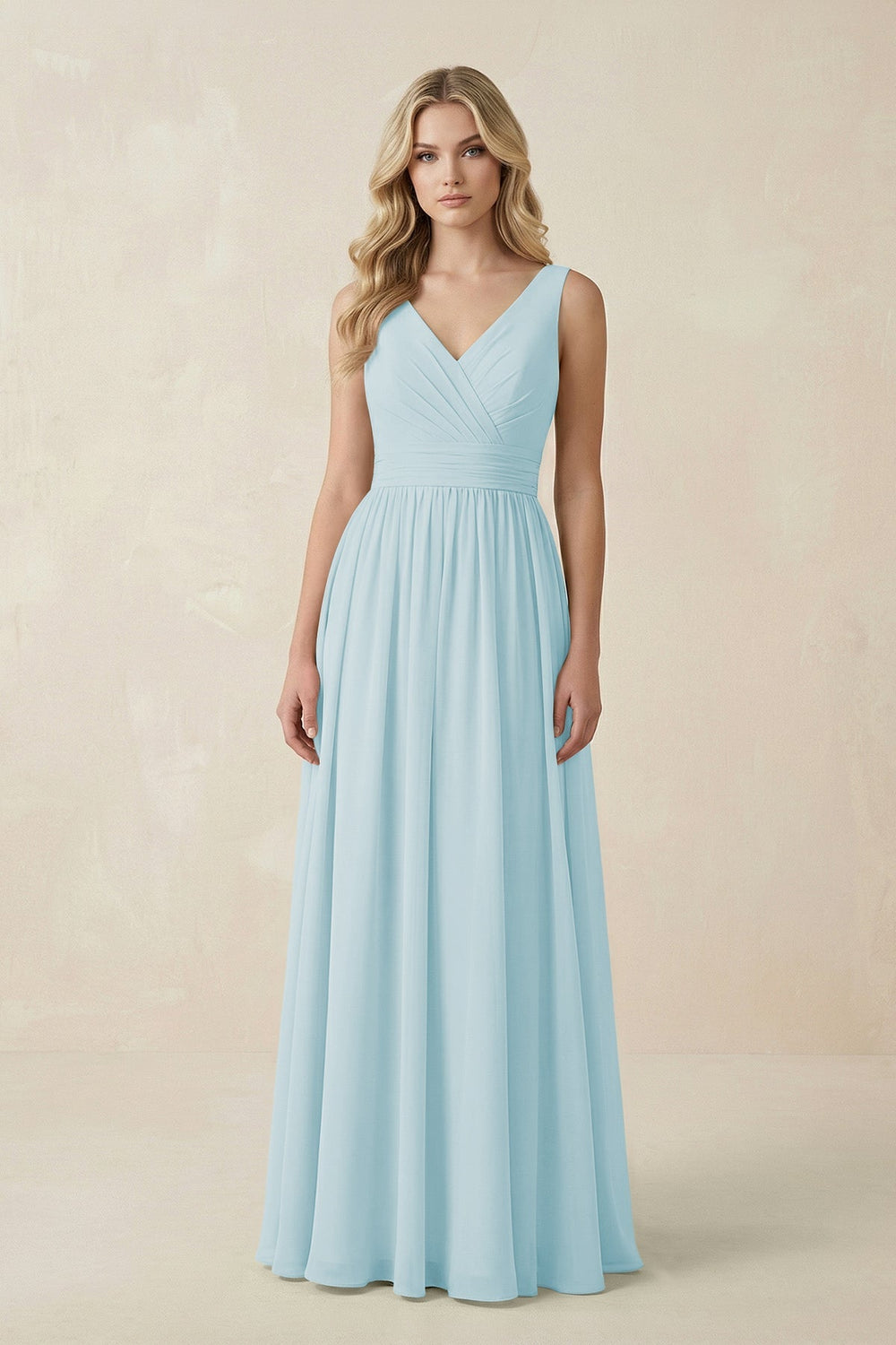 V - Neck A - Line Bridesmaid Dress with Back Bow in Sky Blue - KissProm Bridesmaid Dresses