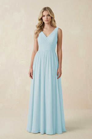 V - Neck A - Line Bridesmaid Dress with Back Bow in Sky Blue - KissProm Bridesmaid Dresses
