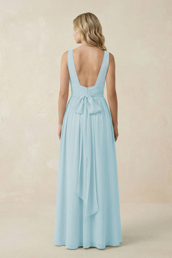 V - Neck A - Line Bridesmaid Dress with Back Bow in Sky Blue - KissProm Bridesmaid Dresses