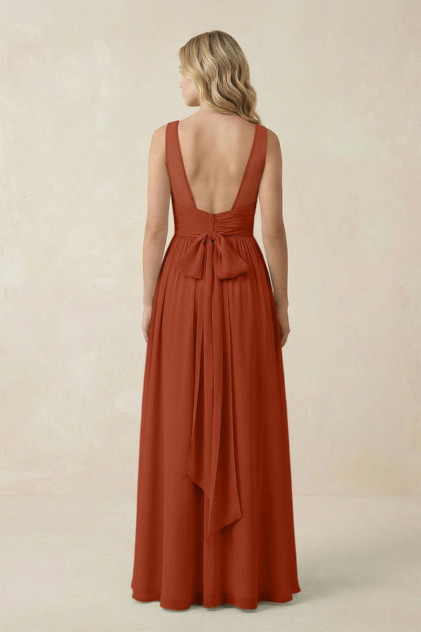 V - Neck A - Line Bridesmaid Dress with Back Bow in Spice - KissProm Bridesmaid Dresses