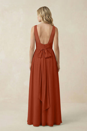 V - Neck A - Line Bridesmaid Dress with Back Bow in Spice - KissProm Bridesmaid Dresses
