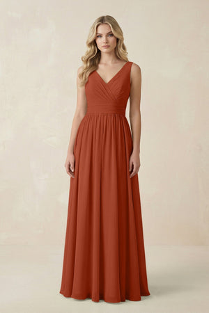 V - Neck A - Line Bridesmaid Dress with Back Bow in Spice - KissProm Bridesmaid Dresses