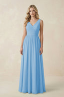 V - Neck A - Line Bridesmaid Dress with Back Bow in Steel Blue - KissProm Bridesmaid Dresses