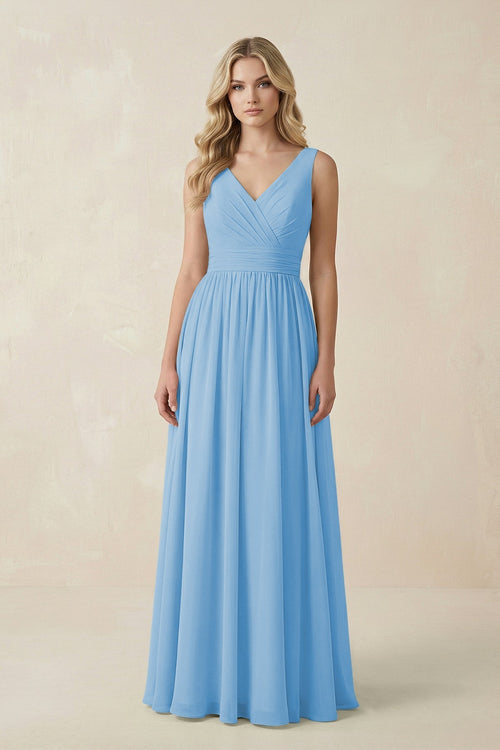 V - Neck A - Line Bridesmaid Dress with Back Bow in Steel Blue - KissProm Bridesmaid Dresses