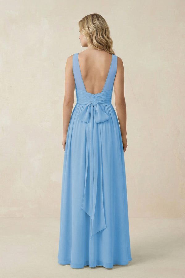 V - Neck A - Line Bridesmaid Dress with Back Bow in Steel Blue - KissProm Bridesmaid Dresses