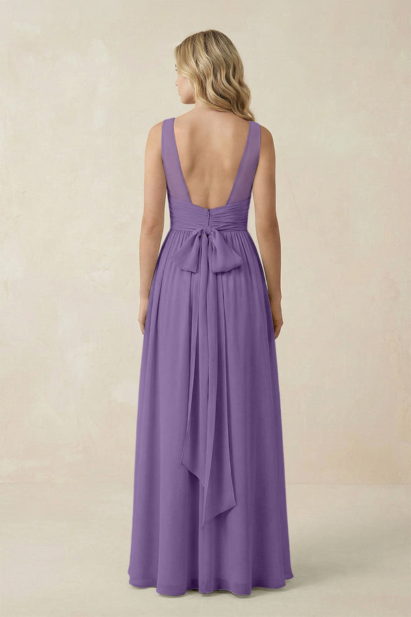 V - Neck A - Line Bridesmaid Dress with Back Bow in Tahiti - KissProm Bridesmaid Dresses