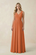 V - Neck A - Line Bridesmaid Dress with Back Bow in Terracotta - KissProm Bridesmaid Dresses