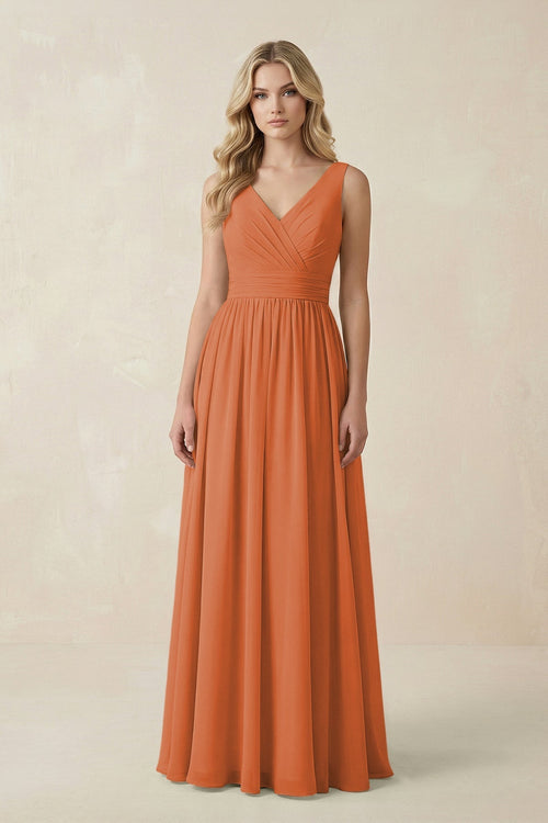 V - Neck A - Line Bridesmaid Dress with Back Bow in Terracotta - KissProm Bridesmaid Dresses
