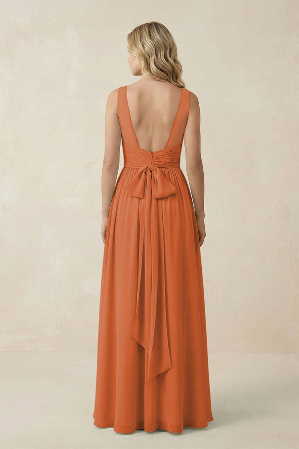 V - Neck A - Line Bridesmaid Dress with Back Bow in Terracotta - KissProm Bridesmaid Dresses
