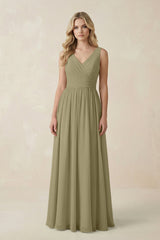 V - Neck A - Line Bridesmaid Dress with Back Bow in Thyme - KissProm Bridesmaid Dresses