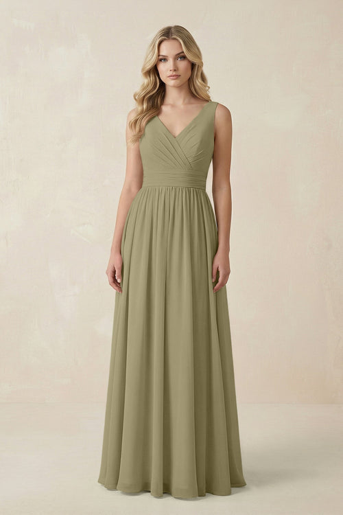 V - Neck A - Line Bridesmaid Dress with Back Bow in Thyme - KissProm Bridesmaid Dresses