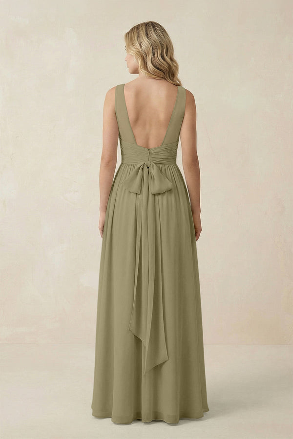 V - Neck A - Line Bridesmaid Dress with Back Bow in Thyme - KissProm Bridesmaid Dresses