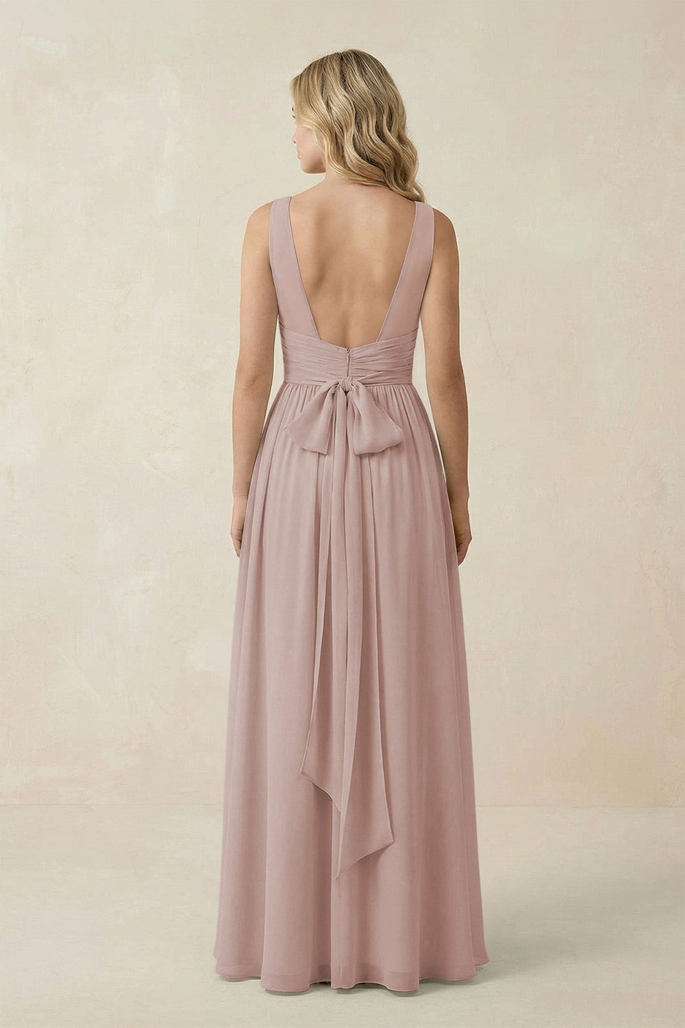 V - Neck A - Line Bridesmaid Dress with Back Bow in Toffee - KissProm Bridesmaid Dresses