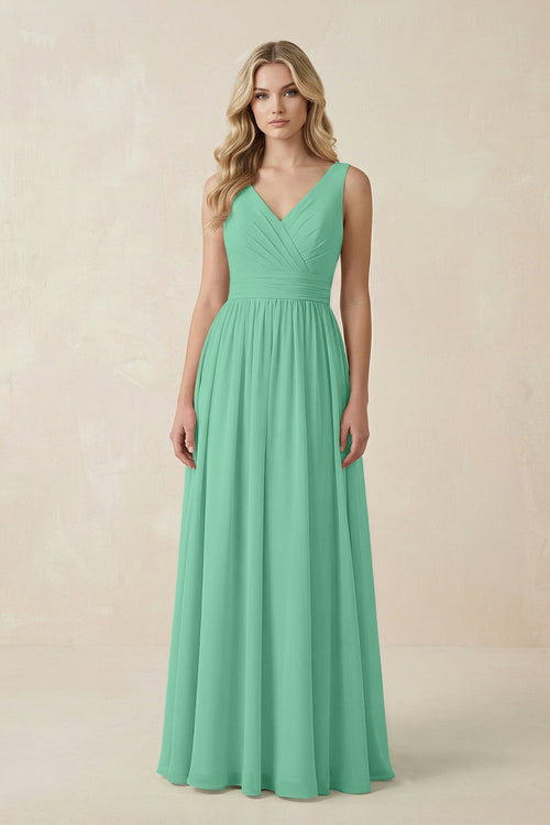 V - Neck A - Line Bridesmaid Dress with Back Bow in Turquoise - KissProm Bridesmaid Dresses