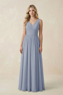 V - Neck A - Line Bridesmaid Dress with Back Bow in Twilight - KissProm Bridesmaid Dresses