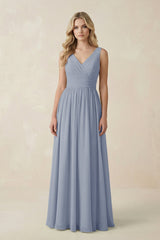 V - Neck A - Line Bridesmaid Dress with Back Bow in Twilight - KissProm Bridesmaid Dresses