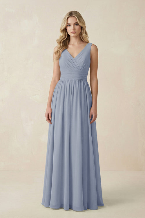 V - Neck A - Line Bridesmaid Dress with Back Bow in Twilight - KissProm Bridesmaid Dresses