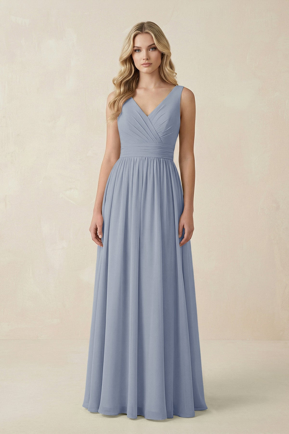 V - Neck A - Line Bridesmaid Dress with Back Bow in Twilight - KissProm Bridesmaid Dresses