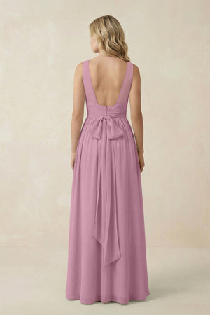 V - Neck A - Line Bridesmaid Dress with Back Bow in Vintage Mauve - KissProm Bridesmaid Dresses