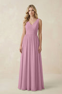 V - Neck A - Line Bridesmaid Dress with Back Bow in Vintage Mauve - KissProm Bridesmaid Dresses