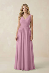 V - Neck A - Line Bridesmaid Dress with Back Bow in Vintage Mauve - KissProm Bridesmaid Dresses