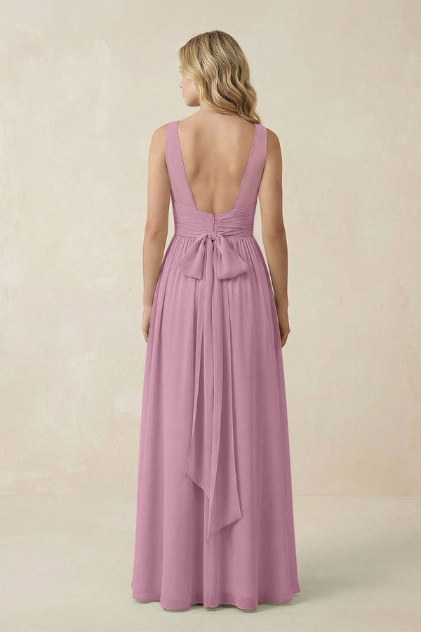 V - Neck A - Line Bridesmaid Dress with Back Bow in Vintage Mauve - KissProm Bridesmaid Dresses