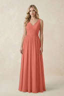V - Neck A - Line Bridesmaid Dress with Back Bow in Wild Rose - KissProm Bridesmaid Dresses