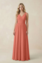 V - Neck A - Line Bridesmaid Dress with Back Bow in Wild Rose - KissProm Bridesmaid Dresses