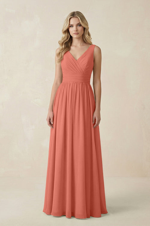 V - Neck A - Line Bridesmaid Dress with Back Bow in Wild Rose - KissProm Bridesmaid Dresses