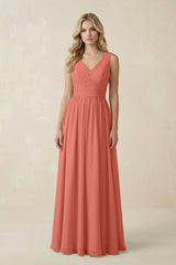 V - Neck A - Line Bridesmaid Dress with Back Bow in Wild Rose - KissProm Bridesmaid Dresses