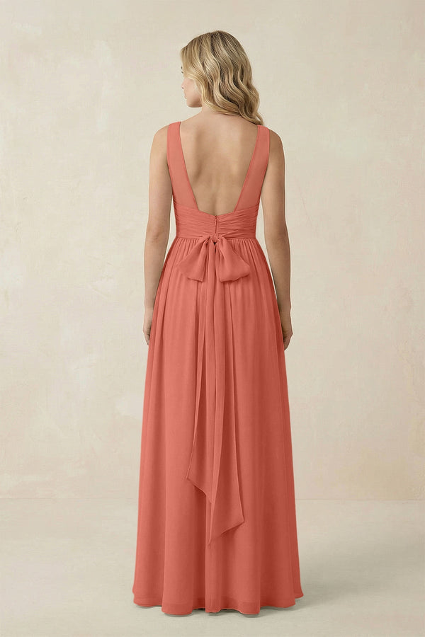 V - Neck A - Line Bridesmaid Dress with Back Bow in Wild Rose - KissProm Bridesmaid Dresses