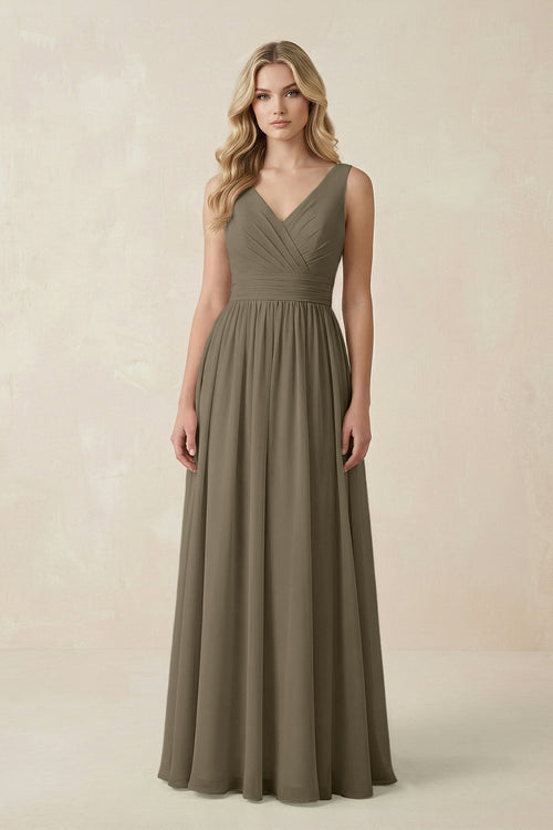 V - Neck A - Line Bridesmaid Dress with Back Bow in Willow Green - KissProm Bridesmaid Dresses