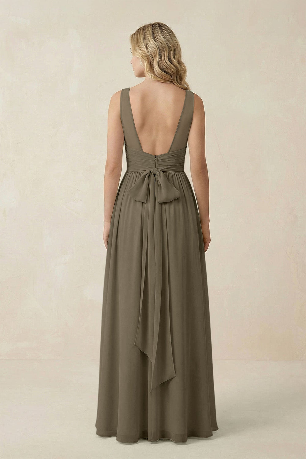 V - Neck A - Line Bridesmaid Dress with Back Bow in Willow Green - KissProm Bridesmaid Dresses
