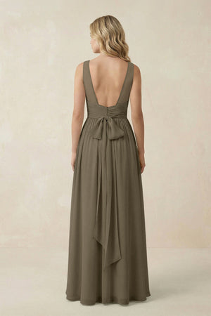 V - Neck A - Line Bridesmaid Dress with Back Bow in Willow Green - KissProm Bridesmaid Dresses