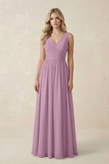 V - Neck A - Line Bridesmaid Dress with Back Bow in Wisteria - KissProm Bridesmaid Dresses