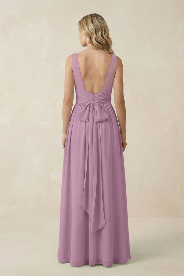 V - Neck A - Line Bridesmaid Dress with Back Bow in Wisteria - KissProm Bridesmaid Dresses