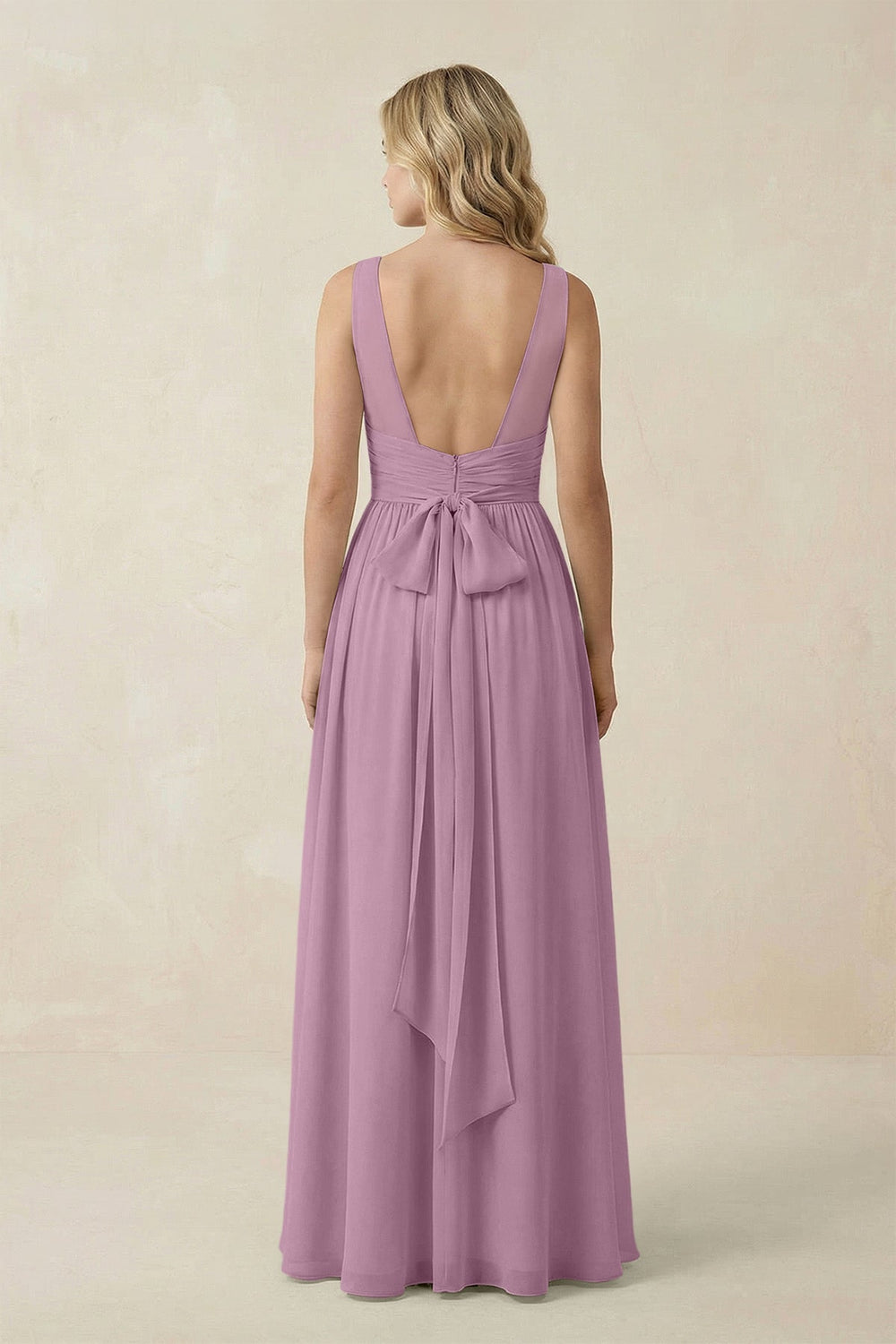 V - Neck A - Line Bridesmaid Dress with Back Bow in Wisteria - KissProm Bridesmaid Dresses