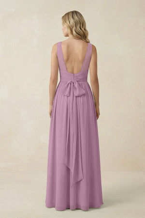 V - Neck A - Line Bridesmaid Dress with Back Bow in Wisteria - KissProm Bridesmaid Dresses