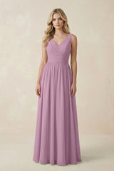V - Neck A - Line Bridesmaid Dress with Back Bow in Wisteria - KissProm Bridesmaid Dresses