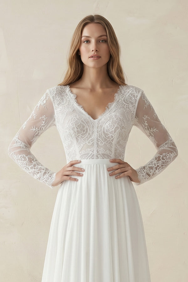 V Neck A - Line Chiffon Appliqued Wedding Dress in White - KissProm Wedding Dresses