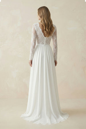 V Neck A - Line Chiffon Appliqued Wedding Dress in White - KissProm Wedding Dresses