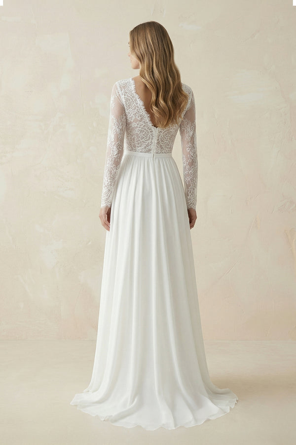 V Neck A - Line Chiffon Appliqued Wedding Dress in White - KissProm Wedding Dresses