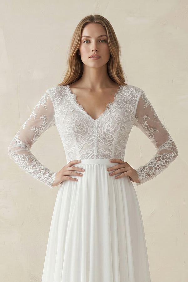 Romantic Modern A Line Floor-length Chiffon Lace V-neck Long Sleeve Wedding Dress – Wedding Dresses by KissProm | Available at KissProm