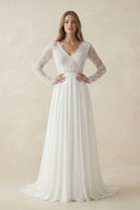 Romantic Modern A Line Floor-length Chiffon Lace V-neck Long Sleeve Wedding Dress – Wedding Dresses by KissProm | Available at KissProm