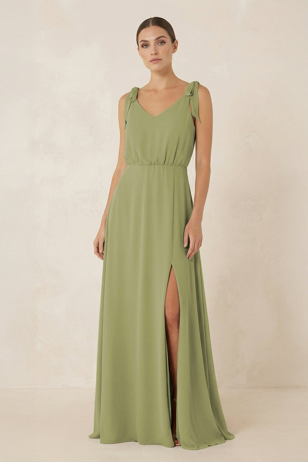 V-Neck A-Line Chiffon Bridesmaid Dress in Moss Green - KissProm BRIDESMAID DRESSES